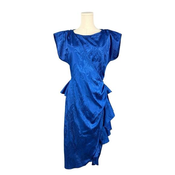 VTG 80s Printed Satin Cocktail Wrap Dress Size S Cobalt 90s Evening Party Peplum - Picture 3 of 16